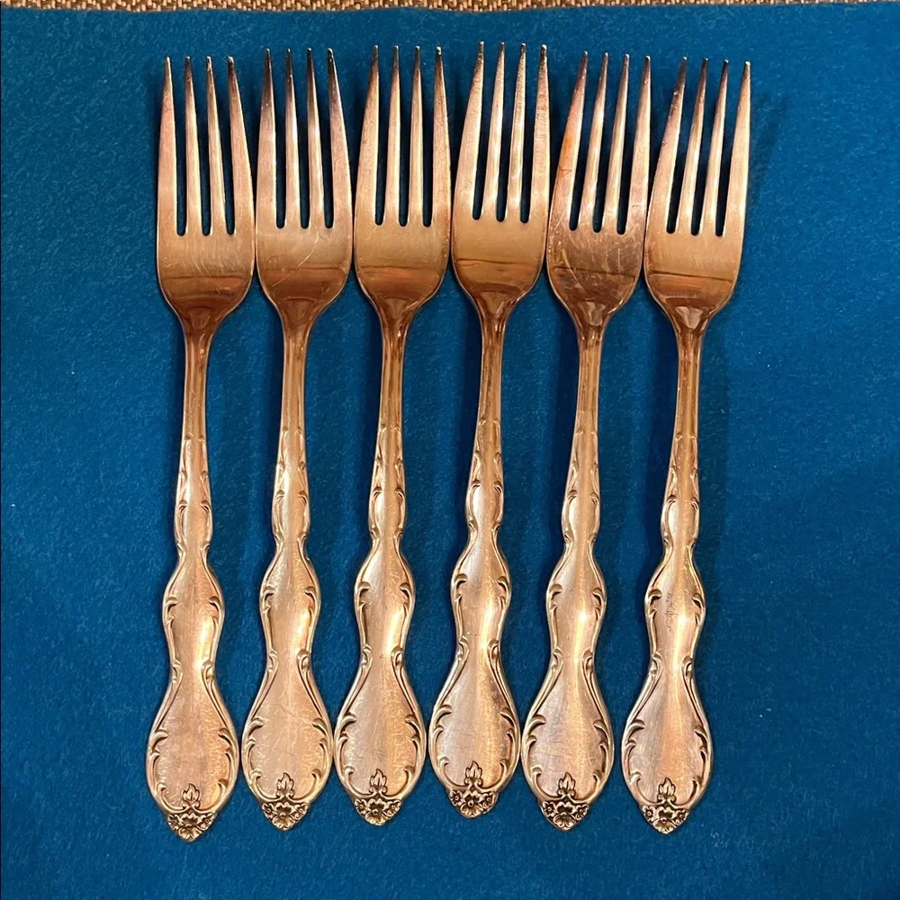 1964 VTG set of 6 dinner forks Wm Rogers Melody Camelot Silverplate Flatware GUC